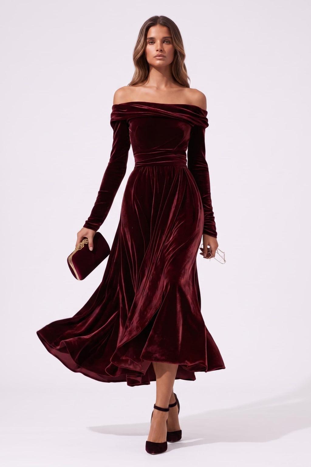 A-Line Tea Length Velvet Wedding Guest Dress CG0371 - Wine - COCOMELODY